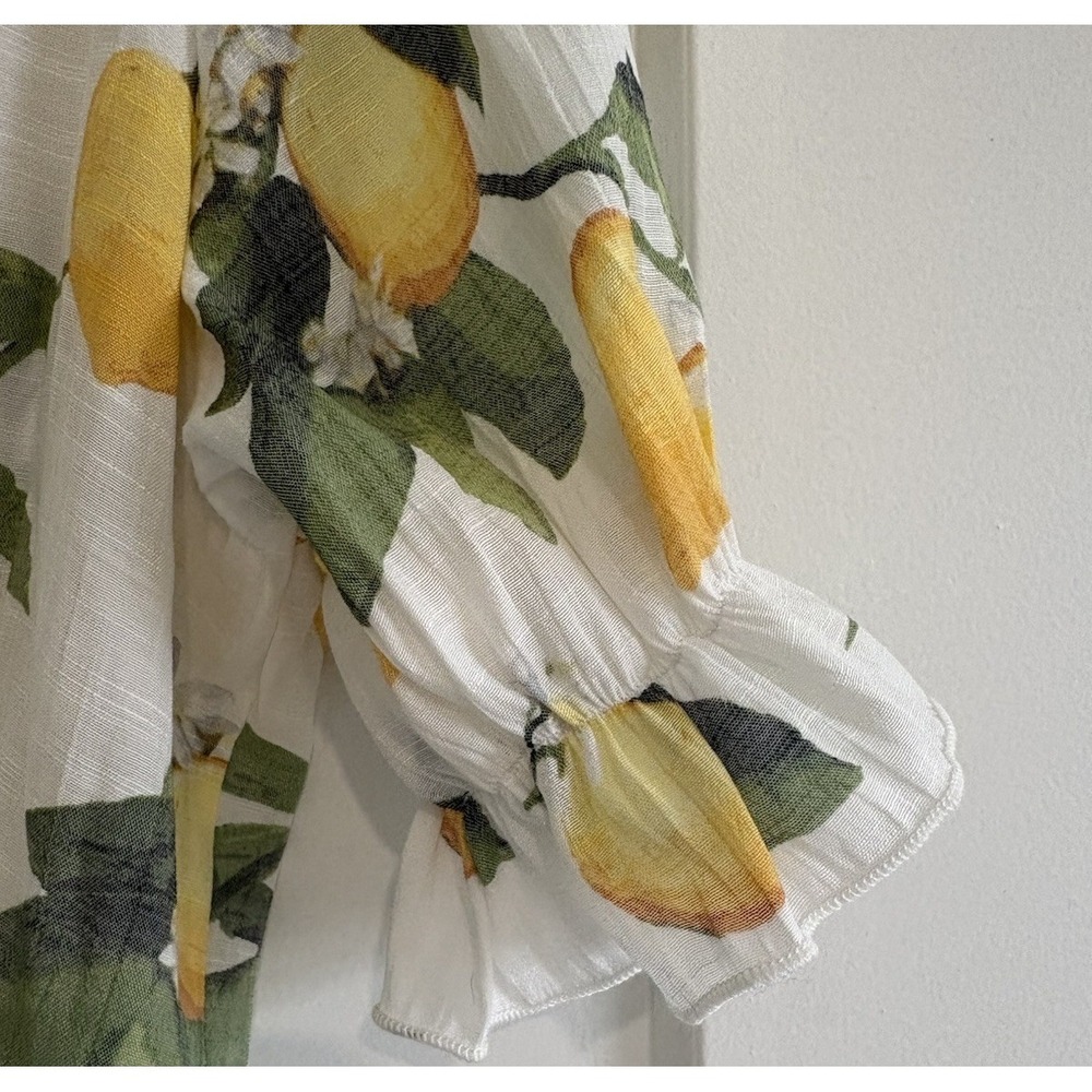 C By One Lemon Print Tie Front Blouse Top Large NWOT Cropped Short Sleeve Boho - Picture 5 of 10